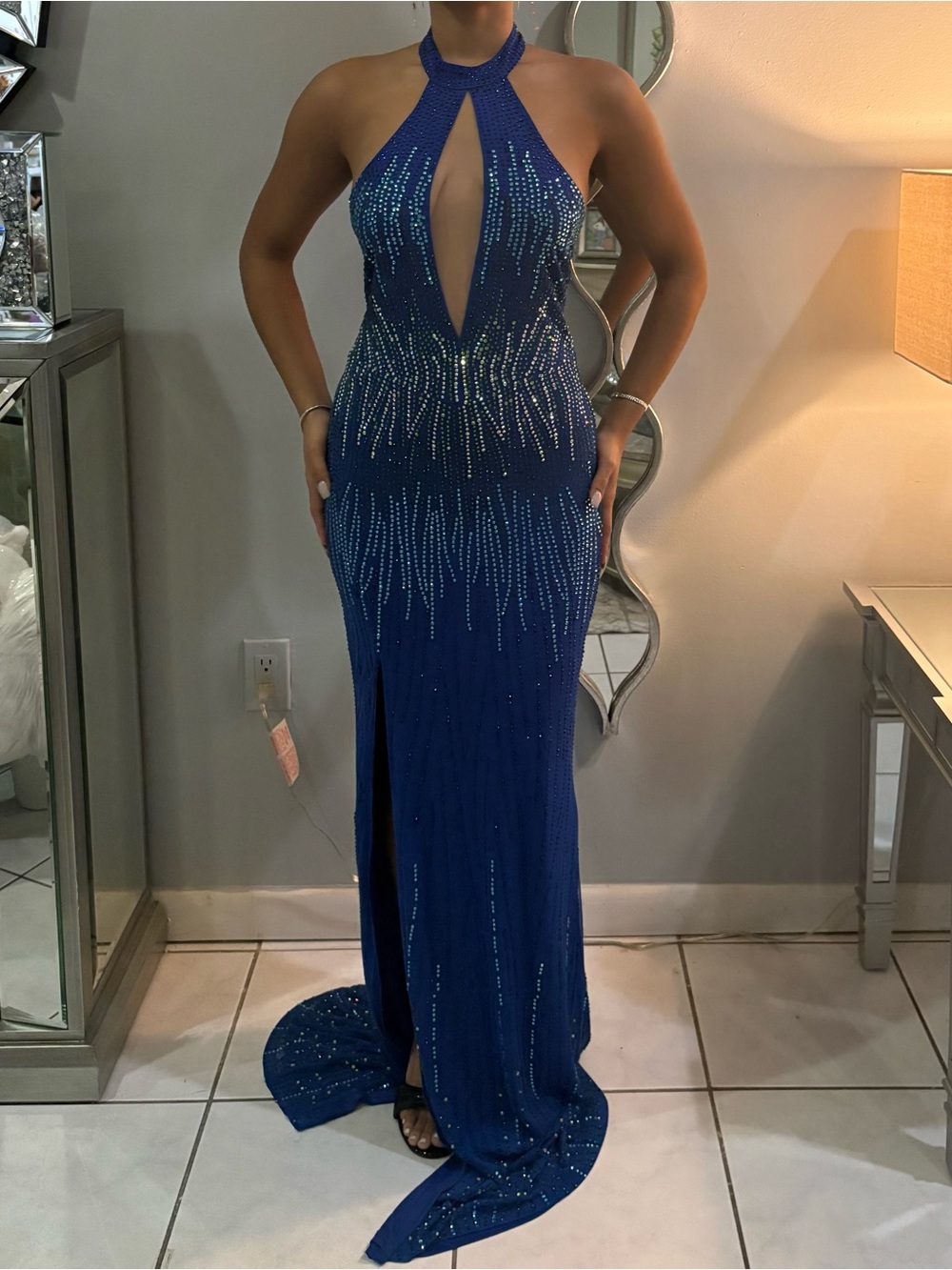 Royal Blue Halter/Open-back Prom Gown with Crystal Detailing